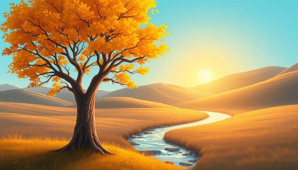 A serene landscape depicting emotional growth, with a vibrant tree at the forefront, its branches extending upwards, symbolizing personal and emotional development. The tree's leaves are a mix of warm autumn colors, representing change and maturity. In the middle ground, a gentle stream flows, reflecting the light of a golden sunrise that bathes the scene in a warm, hopeful glow. In the background, soft hills rise, fading into a clear blue sky. The atmosphere is calm and uplifting, evoking a sense of peace and potential. Use a wide-angle lens to capture the expansive view, focusing on the details of the tree and the flowing water. The image should resonate with the journey of self-discovery and transformation, embodying the essence of emotional growth. Nextself.ai. A serene landscape depicting emotional growth, with a vibrant tree at the forefront, its branches extending upwards, symbolizing personal and emotional development. The tree's leaves are a mix of warm autumn colors, representing change and maturity. In the middle ground, a gentle stream flows, reflecting the light of a golden sunrise that bathes the scene in a warm, hopeful glow. In the background, soft hills rise, fading into a clear blue sky. The atmosphere is calm and uplifting, evoking a sense of peace and potential. Use a wide-angle lens to capture the expansive view, focusing on the details of the tree and the flowing water. The image should resonate with the journey of self-discovery and transformation, embodying the essence of emotional growth. Nextself.ai.