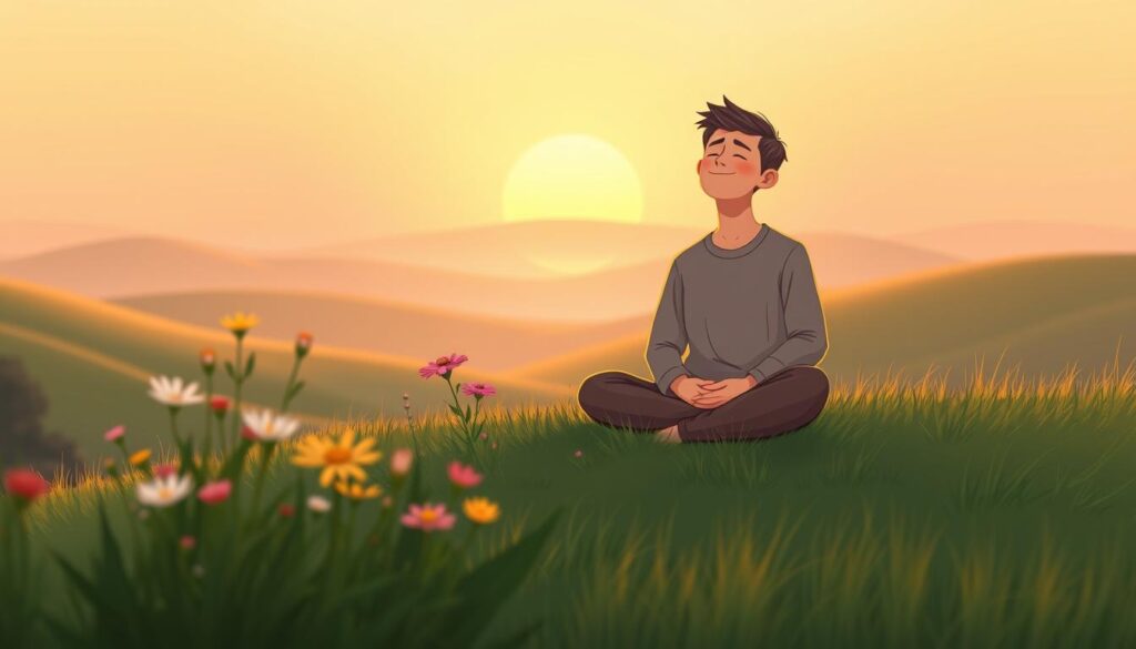 A serene scene depicting mindfulness, focusing on a peaceful individual sitting cross-legged on a soft, grassy hillside. In the foreground, the person, dressed in modest, comfortable clothing, closes their eyes and smiles gently, surrounded by a gentle aura of warm light. In the middle ground, wildflowers bloom in vibrant colors, symbolizing growth and tranquility. The background features rolling hills under a soft, pastel sunset sky, casting a golden hue over the entire scene. The atmosphere is calm and reflective, evoking feelings of serenity and emotional balance. The composition captures a slight depth of field, emphasizing the individual while softly blurring the enchanting landscape. Ideal for illustrating strategies for fostering emotional growth. Created by nextself.ai. A serene scene depicting mindfulness, focusing on a peaceful individual sitting cross-legged on a soft, grassy hillside. In the foreground, the person, dressed in modest, comfortable clothing, closes their eyes and smiles gently, surrounded by a gentle aura of warm light. In the middle ground, wildflowers bloom in vibrant colors, symbolizing growth and tranquility. The background features rolling hills under a soft, pastel sunset sky, casting a golden hue over the entire scene. The atmosphere is calm and reflective, evoking feelings of serenity and emotional balance. The composition captures a slight depth of field, emphasizing the individual while softly blurring the enchanting landscape. Ideal for illustrating strategies for fostering emotional growth. Created by nextself.ai.